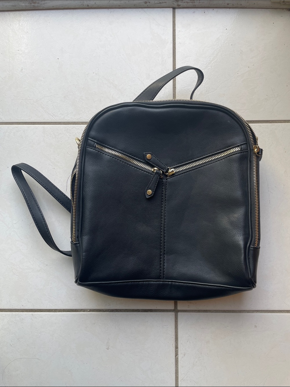 Black Leather-Look Zip Front Backpack